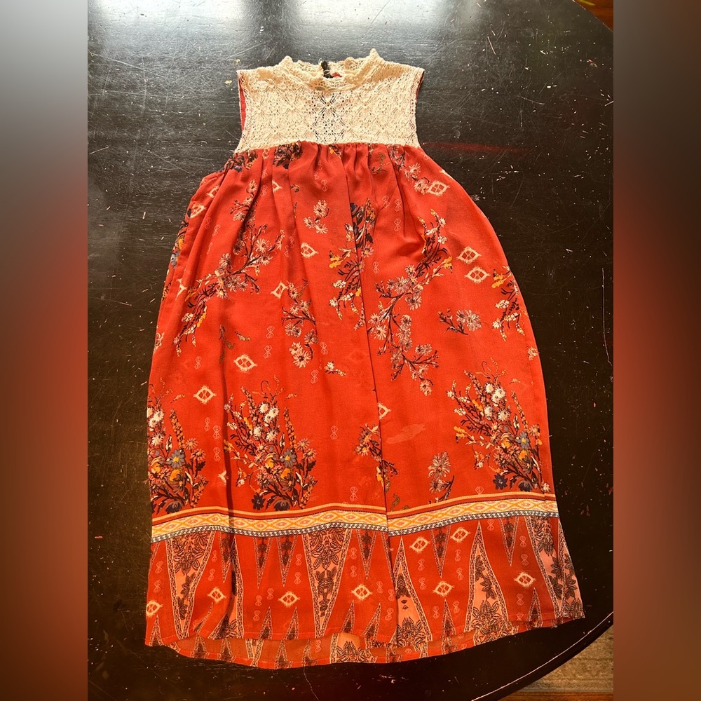 High neck, lace and orange floral flowy summer dress